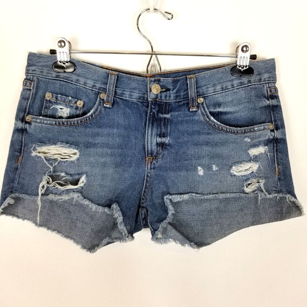 RAG & BONE Women Midrise Destroyed Denim Shorts Size 26 Blue Cut Off‎